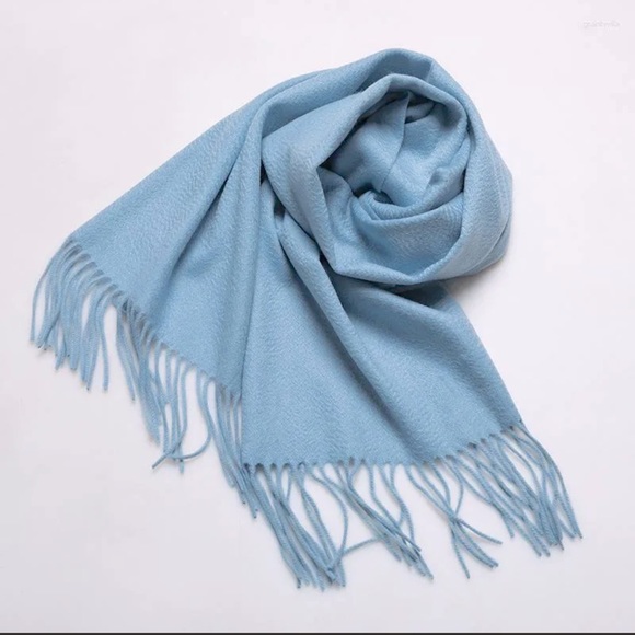 NWT Light Ice Blue Cashmere Scarf Foulard Pashmina fringe wrap w zipper dust bag - Picture 6 of 15